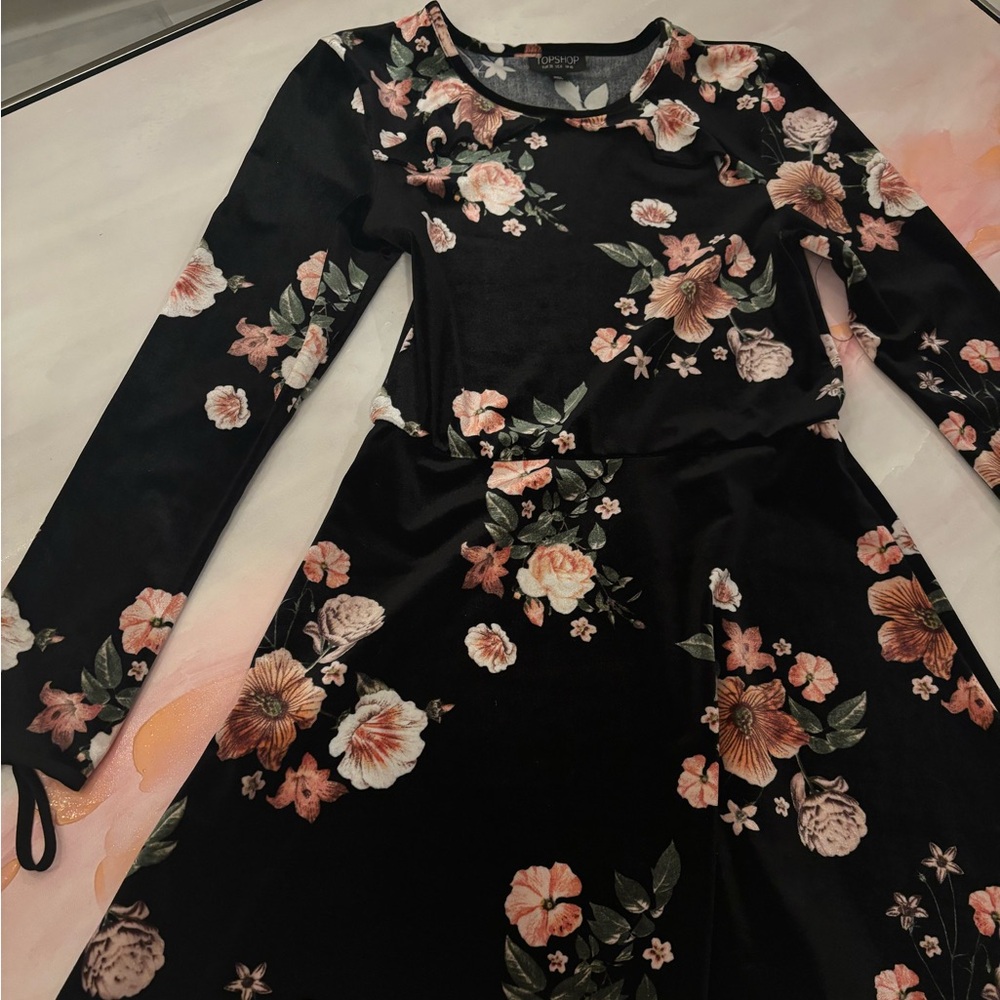 Topshop Black Long Sleeve Dress with Floral Design